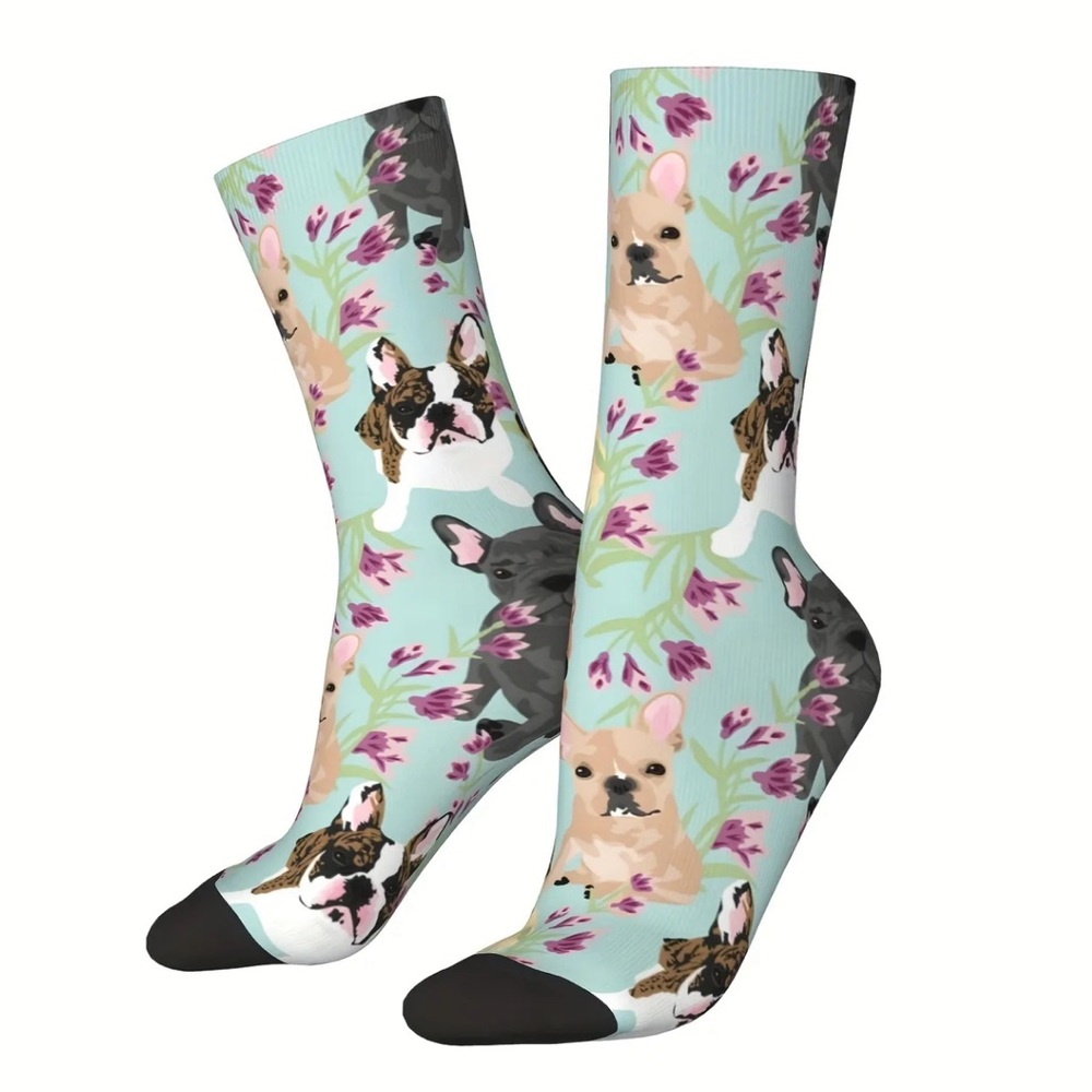 French Bulldog Dog and Floral Print Crew Socks - Unisex